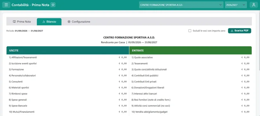 Rendiconto per Cassa di una ASD nel gestionale GNP